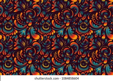 Damask seamless floral pattern in brown, blue and orange colors. Royal wallpaper with abstract flowers. Raster stylish ornament.