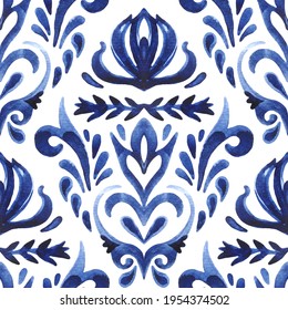 Damask Seamless Ornamental Watercolor Arabesque Paint Tile Pattern For Fabric And Wall Decoration.