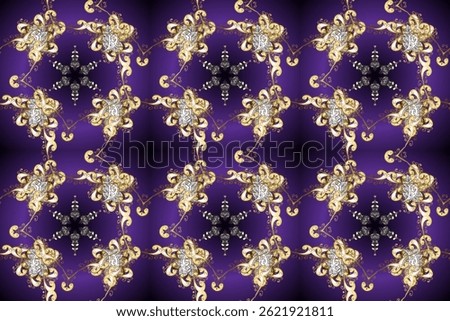 Damask seamless pattern for design. Raster seamless pattern on beige, violet and brown colors with golden elements.