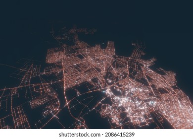 Dammam Aerial View At Night. Top View On Modern City With Street Lights. Satellite View With Glow Effect