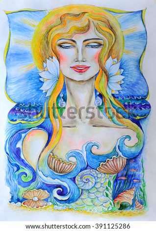 Dana. Watercolor fantasy portrait. Goddess of water and rivers in Slavic mythology. 