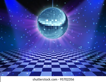 Dance floor disco night with a mirror ball symbol of fun and dancing party in a nightclub or dance club with glowing stage lights and wall reflections and checkered floor.