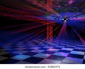 Dance floor with mirror balls and red lattice framework side view
