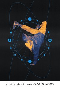 Dance as science. Breakdancer performs a dynamic freeze against an brutalist geometric background design. Concept of urban culture and street dance performance art.
