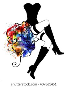 dancer cabaret.corset.skirt.petticoat.black stockings.can can dancer.watercolor splash