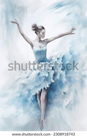 Dancing Ballerina in blue dress, blue tones painted in watercolor on textured paper. Digital watercolor painting