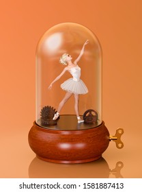 Dancing Ballerina In Music Box.White Ballet Tutu.Beautiful Girl.Ballet Dancer Behind Glass.Old Retro Gear Mechanism.Conceptual Fashion Art.3D Render Illustration.