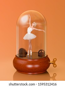 Dancing Ballerina In Music Box.White Ballet Tutu.Beautiful Girl.Ballet Dancer Behind Glass.Old Retro Gear Mechanism.Conceptual Fashion Art.3D Render Illustration.