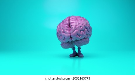Dancing Brain On A Colorful Turquoise Background. Artificial Intelligence Concept. 3d Animation Of A Seamless Loop