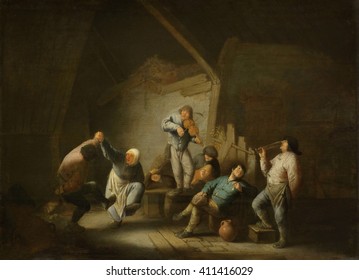 Dancing Couple, by Adriaen van Ostade, 1625-40, Dutch painting, oil on panel. Peasant and his wife dance as man on barrel plays a violin in a barn with haylofts. Other figures include a smoking and d