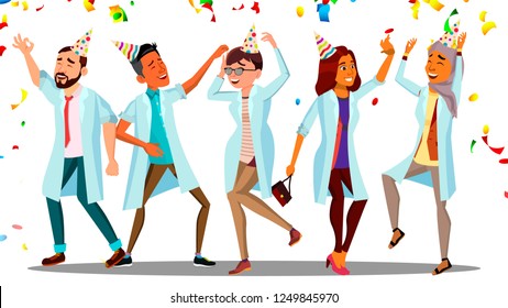 Dancing Doctor On Doctor s Day, Group Of Happy Doctors In Festive Caps And Confetti. Isolated Illustration - Powered by Shutterstock