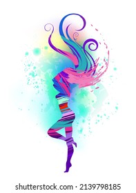 Dancing Girl With Long Hair, Painted With Strokes Of Bright Pink And Purple Paint On White Background. Woman.