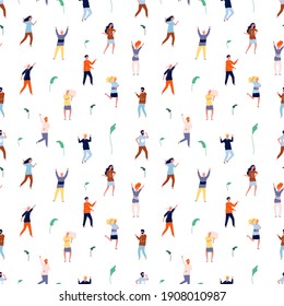 Dancing people seamless pattern. Tiny persons, happy women and men background