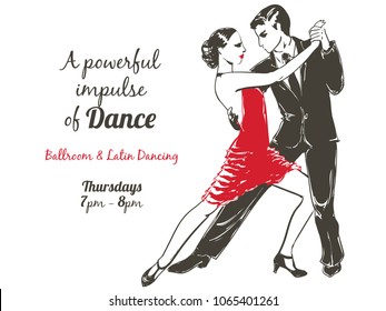 Dancing People Set. Young Couple Dancing Tango, Salsa, Samba Latino. Salsa Music Party Banner. Sketch Illustration.