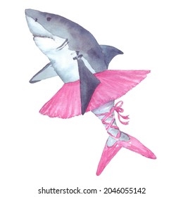 Dancing shark ballerina in a pink tutu and pointe shoes. 