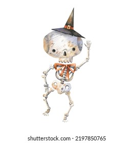 Dancing Skeleton Watercolor Illustration Isolated On White Background. Cartoon Halloween Character Skeleton In Sorcerer Hat.