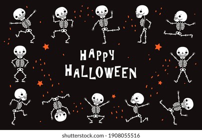 Dancing Skeletons. Funny White Human Bones In Dance. Halloween Black Poster In Horror Style