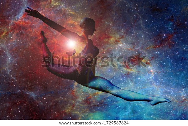 Dancing Woman Against Background Universe 3d Stock Illustration