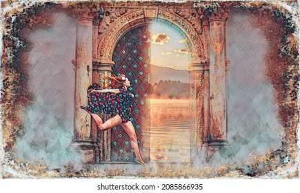 dancing woman at beautiful ancient door 