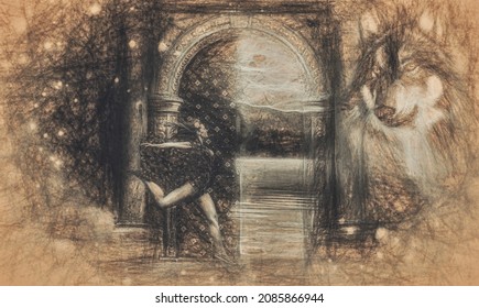 dancing woman at beautiful ancient door   drawing efect 
