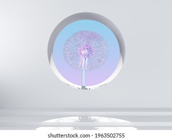 Dandelion In Pale Pink Blue Color In The Round Hole Of The Wall. 3d Rendering