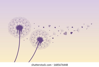 dandelion silhouette with flying seeds and hearts for valentines day illustration