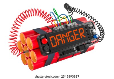 Danger concept. Time bomb explosive with danger word on timer, 3D rendering isolated on white background