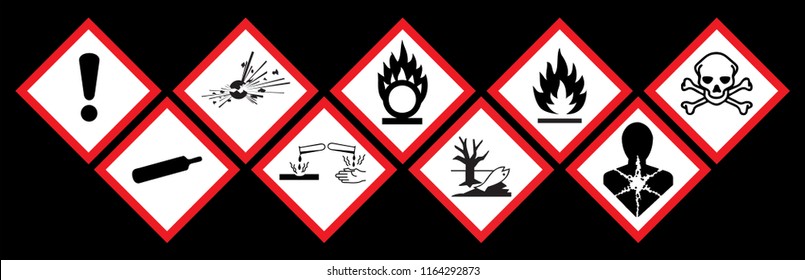 Danger Icon Chemics. Hazard Symbol Ghs Safety Icon Set. Physical Hazards, Explosive, Flammable Oxidizing, Compressed Gas, Corrosive, Toxic, Harmful, Health And Environmental. 