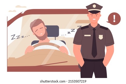 Danger of sleeping while driving car automobile illustration. Cartoon young sleepy drowsy driver character sitting in auto vehicle seat, tired fatigued man and police officer background