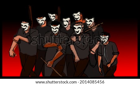A dangerous mob with face masks and batons about to do mob-lynching of an innocent person. Red and black backgrounds are symbols of danger, violence and evil. Stock foto © 