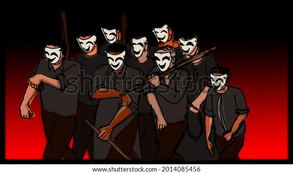 A dangerous mob with face\
masks and batons about to do mob-lynching of an innocent person.\
Red and black backgrounds are symbols of danger, violence and\
evil.