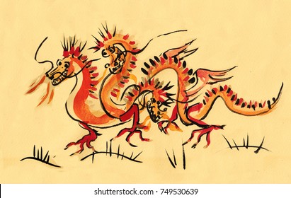 dangerous red russian dragon with three heads, sumi-e