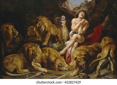 Daniel in the Lions' Den, by Sir Peter Paul Rubens, 1614-1616, Flemish painting, oil on canvas. God closed the jaws of the lions, as Daniel prayed in the lion's den. King Darius the Mede was tricked