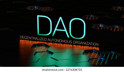 DAO - Decentralized Autonomous Organization. DAO concept text on neon background with blur. 3D render.