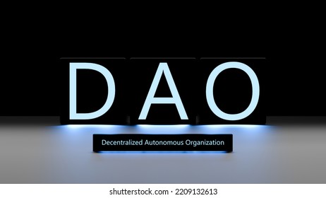 The DAO - Decentralized Autonomous Organization. Word DAO Banner.3D Render.