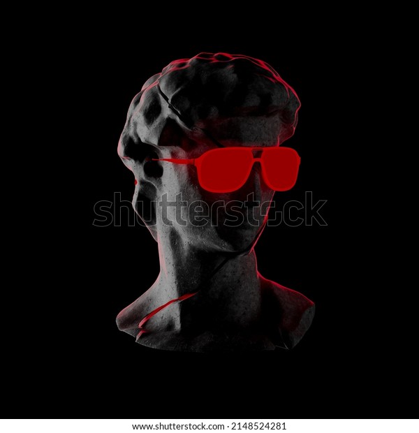 Dark 3d David sculpture Michelangelo\'s head statue\
classic cracked concrete red light coming through background\
sunglasses creative minimal concept art isolated modern copy space\
text fashion product\
