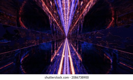 Dark 3d illustration with rays of lights in 4K UHD tunnel