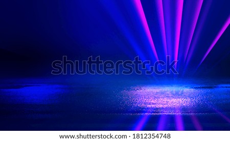 Dark abstract background of empty scene. Night view of the street, reflection of night lights on the asphalt, smoke. Neon light, laser light beams. 3d illustration