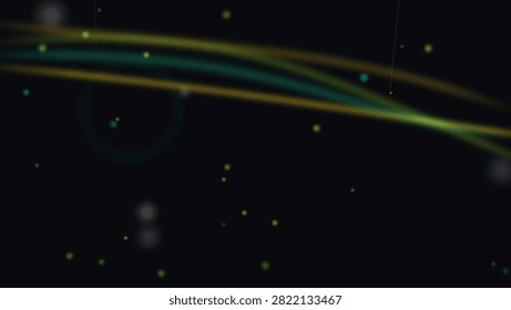 Dark abstract background featuring glowing green and yellow light waves floating through space with bokeh particles and subtle flare effects for imagery.