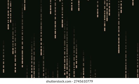 A dark abstract background featuring a pattern of digital rain. Vertical lines and small rectangles, rendered in various shades of beige and gray, fall from the top of the frame against a.