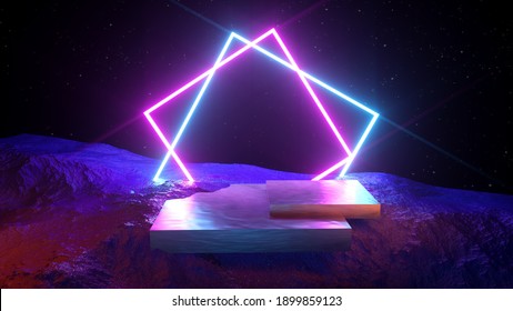 Dark Abstract Background With Metal Catwalk And Neon Square Pink And Blue Frames On The Rock. 3D Rendering, 3D Illustration