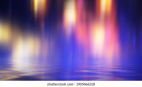 Dark Abstract Background. Neon Multicolored Light Reflects On The Water. Beach Party, Light Show. Blurry Lights Glisten On The Surface. 3d Illustration