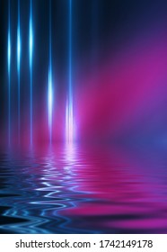 Dark abstract background. Reflection of neon figures on the water, smoke, fog. 3d illustration