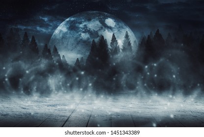 Dark abstract background. Wooden tabletop background, snow, winter. Dark night background in the forest, moonlight glow