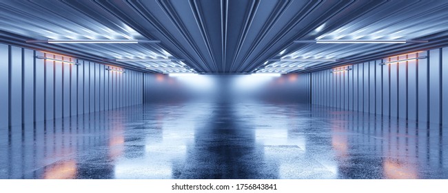 dark abstract concrete and soldered metal steel hangar hall industrial design 3d rendering futuristic lighting
