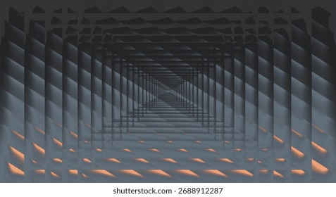 A dark abstract digital artwork featuring an endless tunnel with a repeating geometric pattern. The cool tones of blue and gray create a mysterious depth and perspective, leading the eye into the infi