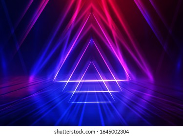 Dark Abstract Futuristic Background. Geometric Laser Figure In The Center Of The Stage. Neon Blue-pink Rays Of Light On A Dark Background