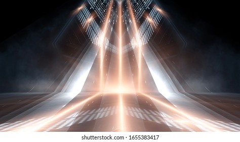 Dark abstract futuristic background. Neon lines glow. Neon lines, shapes. Multi-colored glow, blurry lights. Empty stage background. Dark blue background, yellow rays.