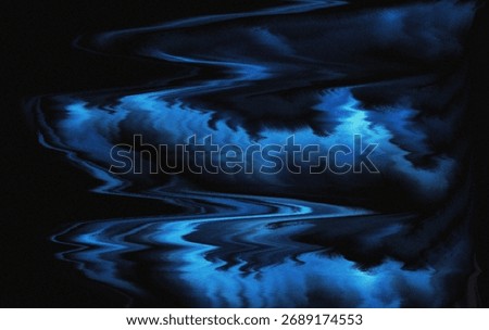 Dark abstract glitch background in black and deep blue tones with motion waves lines, grain, noise, and dust. Ideal for overlays, tech visuals, posters, banners, covers and futuristic digital design.