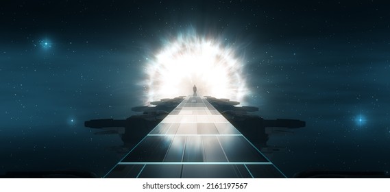 Dark Abstract Sci Fi Path With Outer Space In Background. Man Standing With Glowing Light Rays And Portal. 3d Rendering